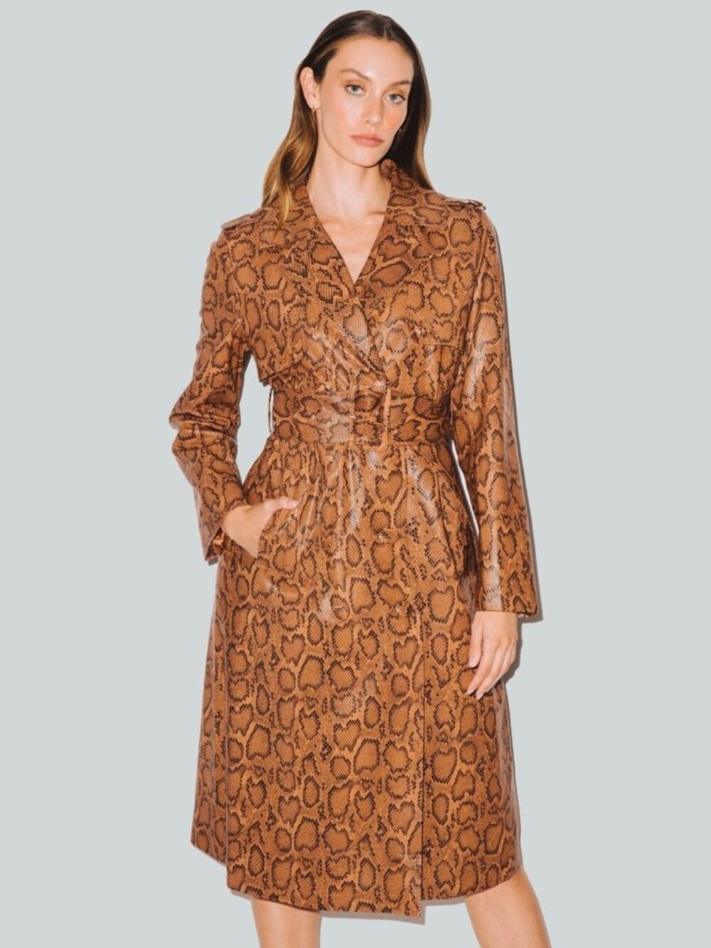Hilary MacMillan Snake-Print Trench Coat w/ Two Removable Belts